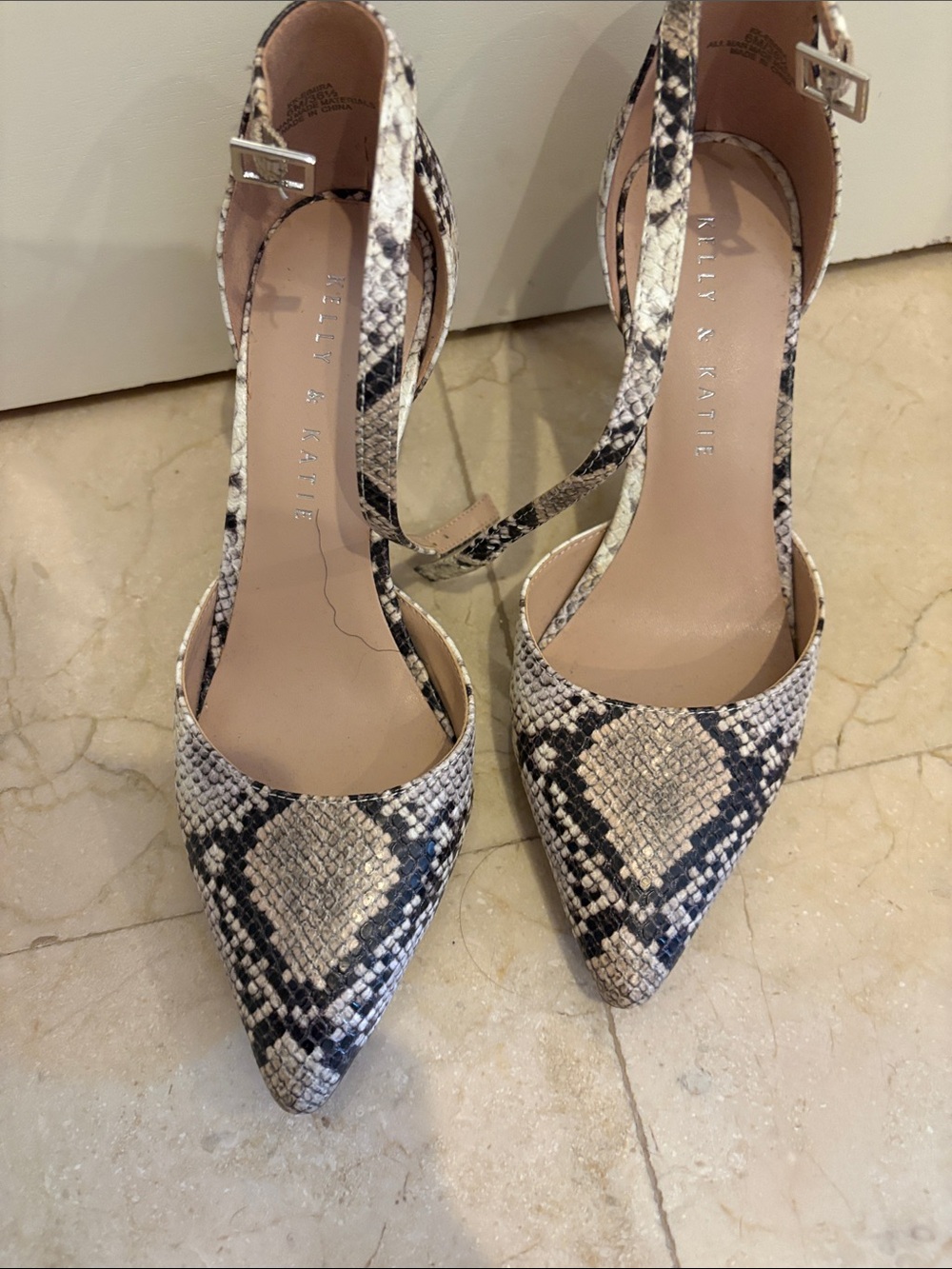 Kelly & Katie Snake-Print Pointed Toe Ankle-Strap Pumps in Black and Cream
